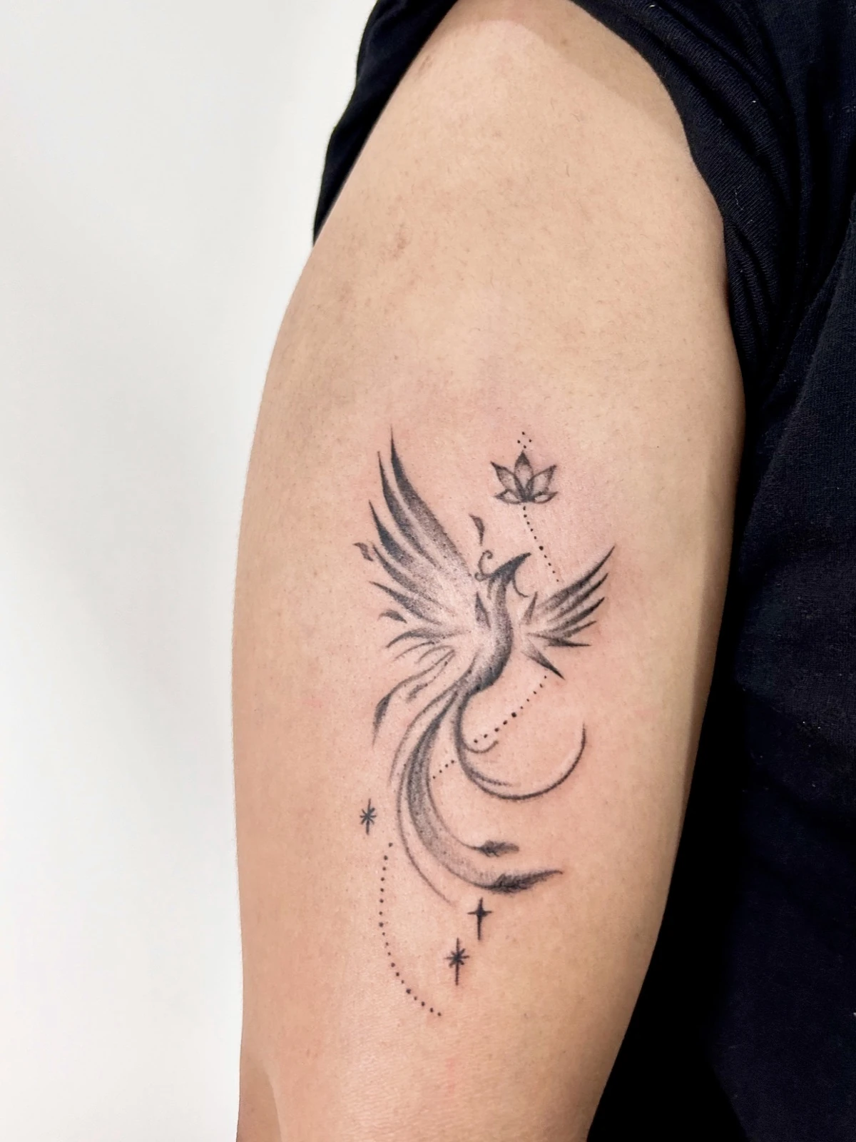 Tattoo burung dengan ornamen bulan dan bintang di lengan · Meigu Tattoo