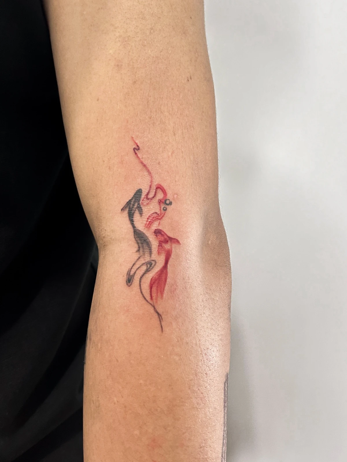 Tattoo ikan merah dengan garis hitam di lengan · Meigu Tattoo