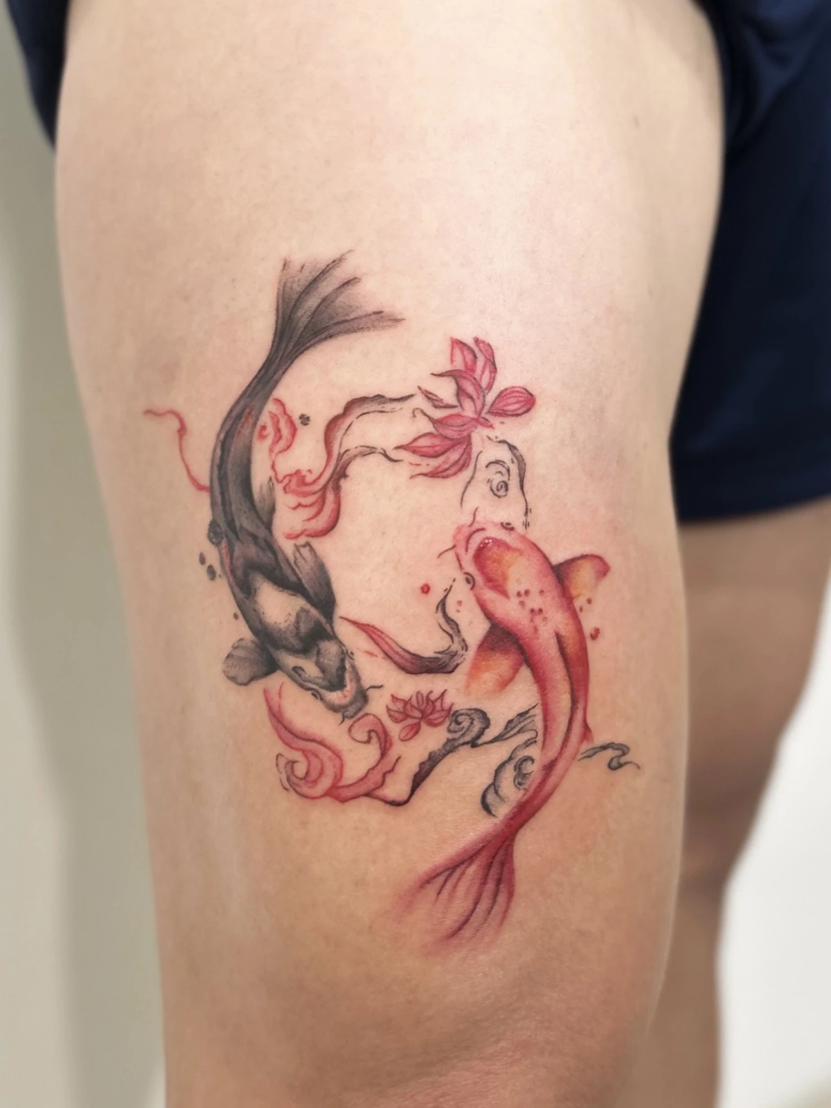 Tattoo koi merah dan hitam di lengan · Meigu Tattoo