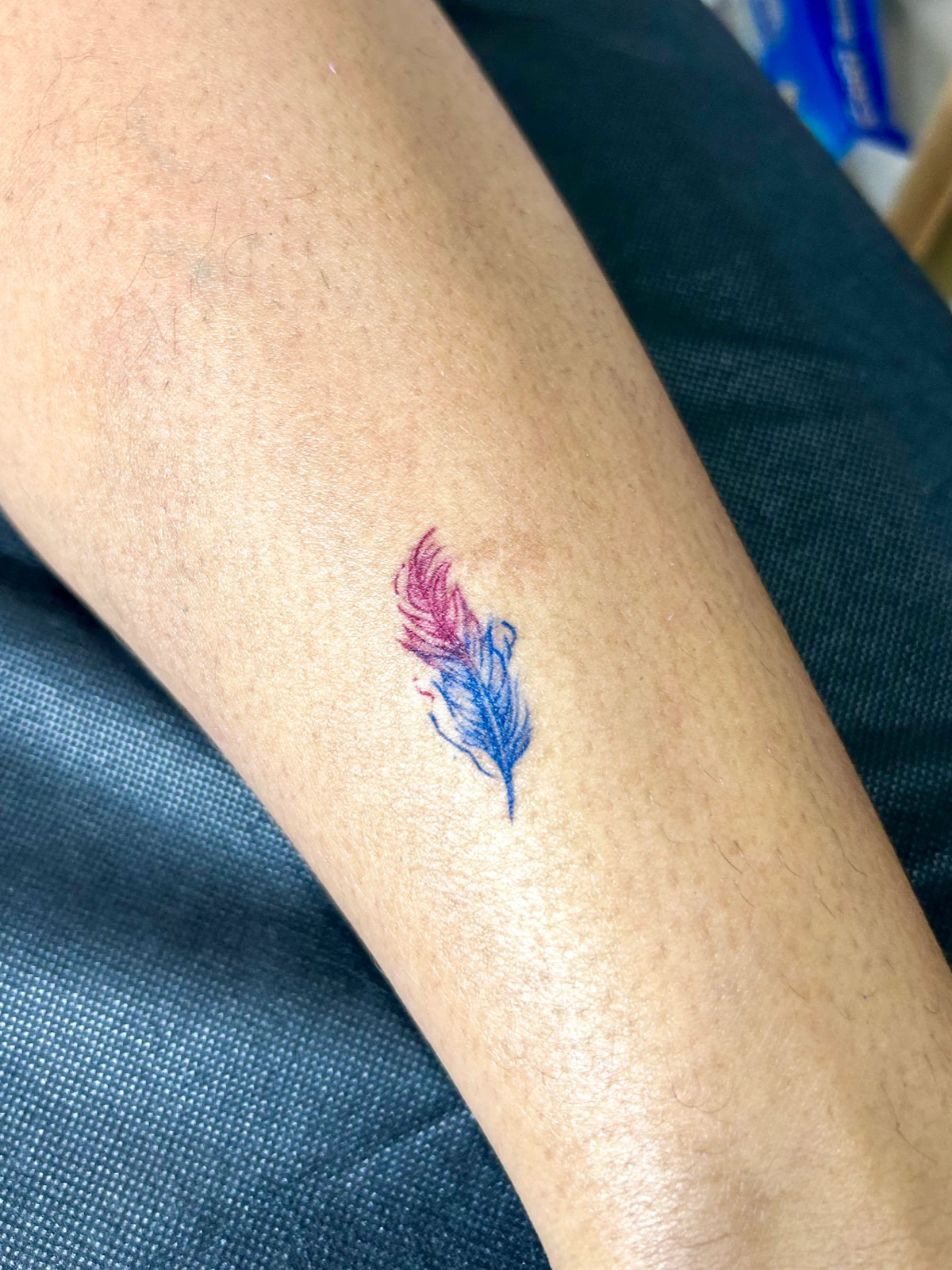 Tattoo dua bulu merah dan biru di lengan · Meigu Tattoo